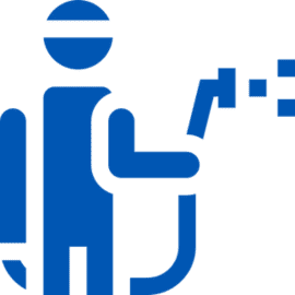 Blue icon of person with spray equipment.
