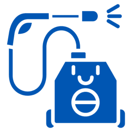 Blue smiling vacuum cleaner icon on black.